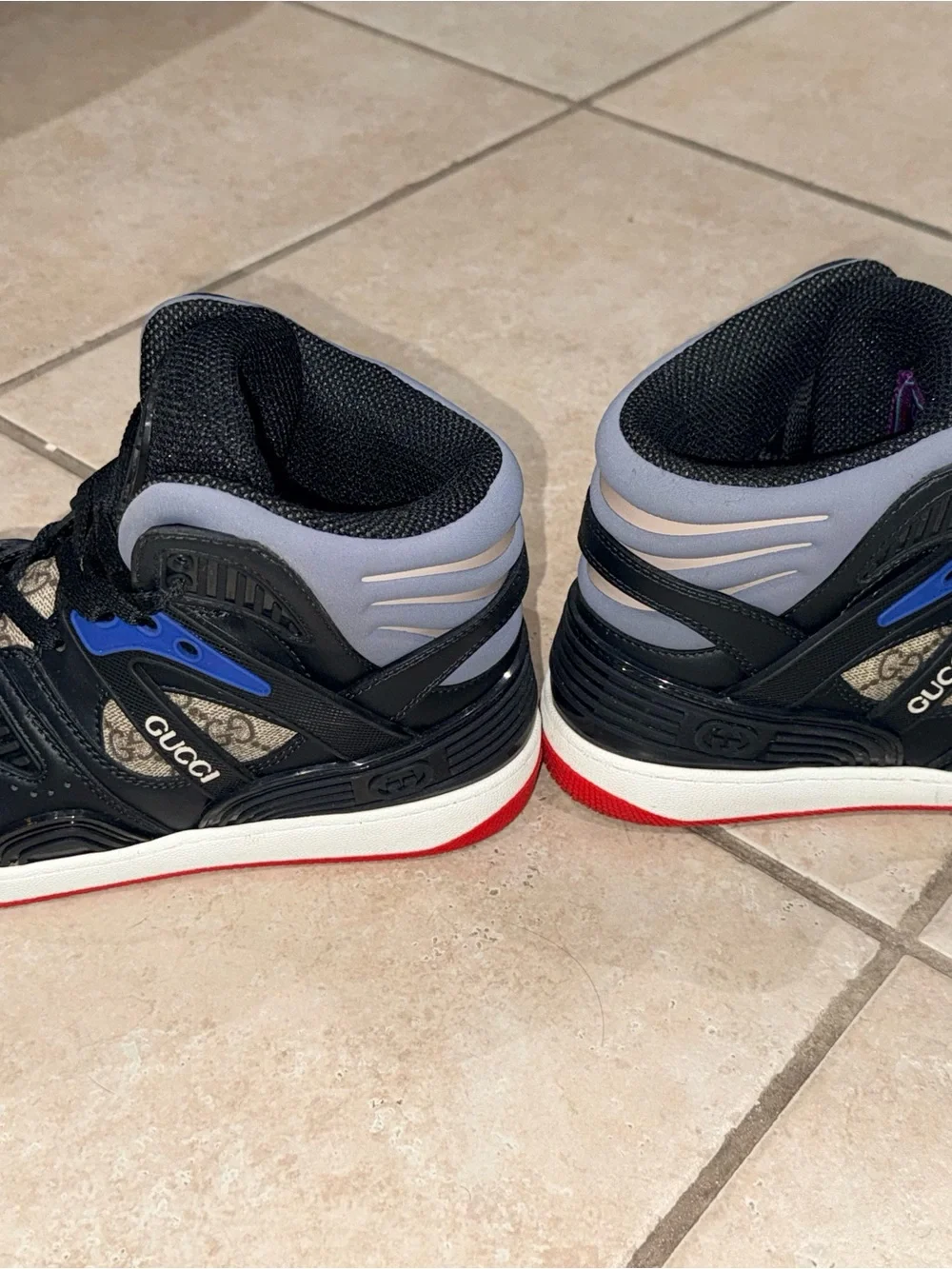 Gucci Black and Red GG High-Top Sneakers with Blue Trim